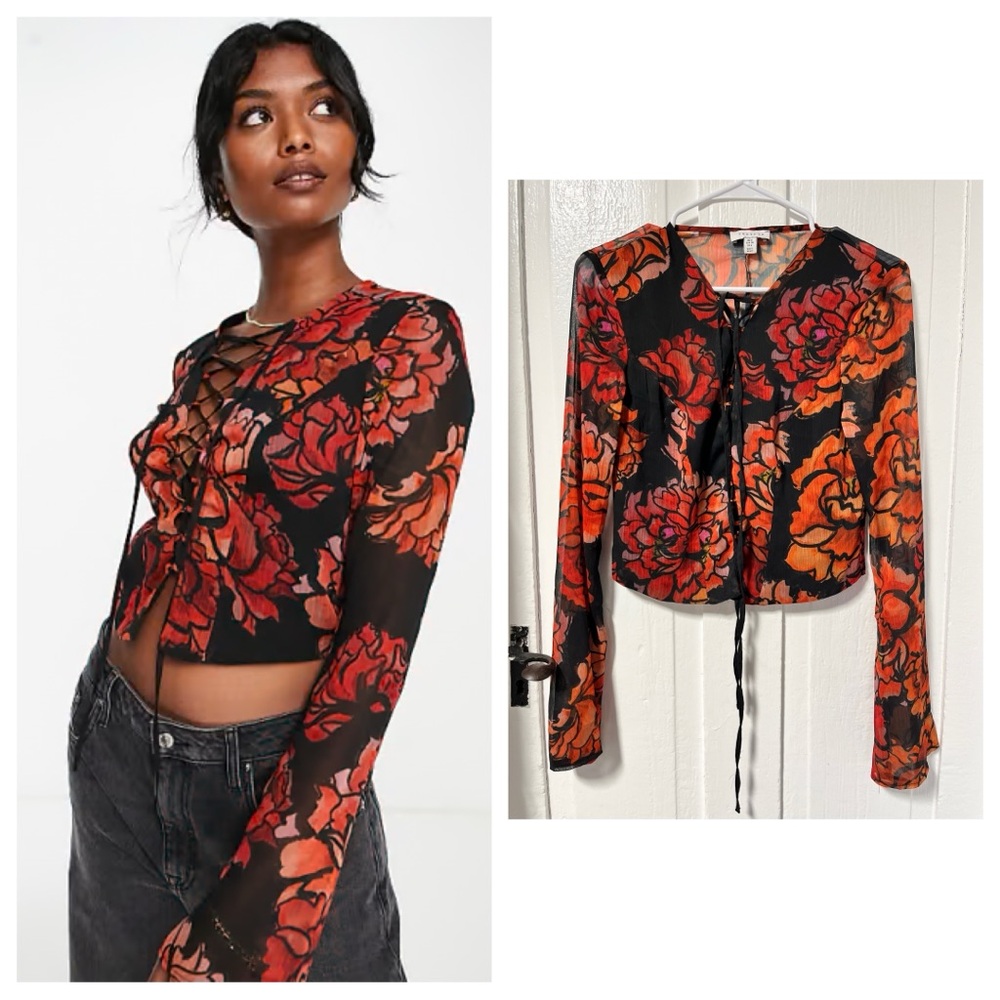 Topshop lace up chiffon printed floral blouse size 6